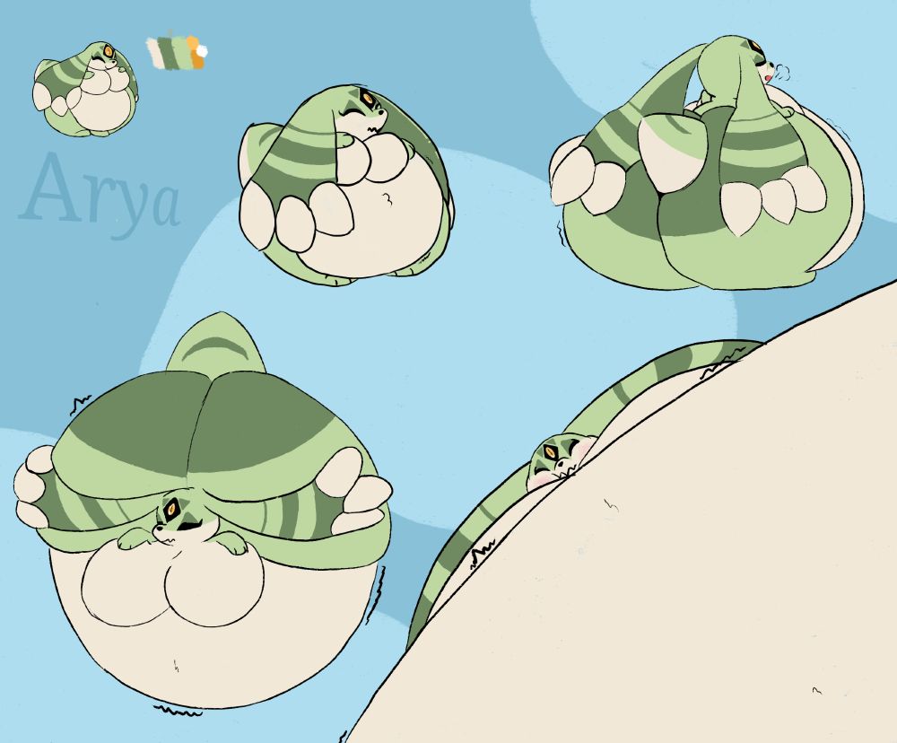 A short, green bunny-like figure bearing two ears (with increasingly wider dark-green stripes and claws along their ends) inflating slowly until her stomach partially covers the screen.