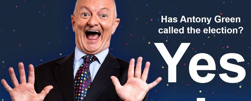 A very happy Antony Green next to the phrase "has Antony Green called the election? Yes"