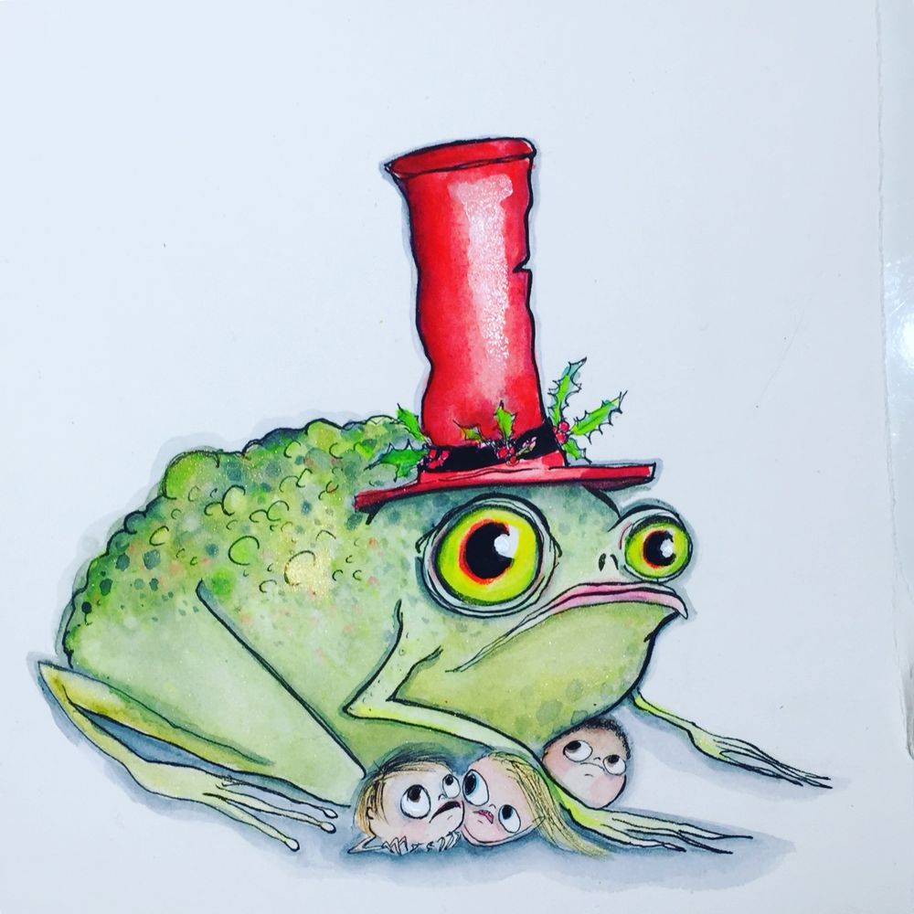 An illustration of a very dapper toad in a top hat with sitting on top of some children 