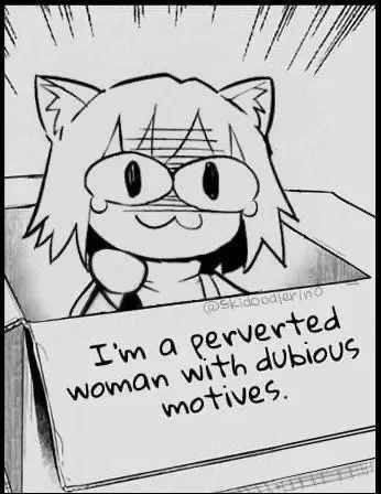 Manga-style catgirl in a box labeled,  "I'm a perverted woman with dubious motives."