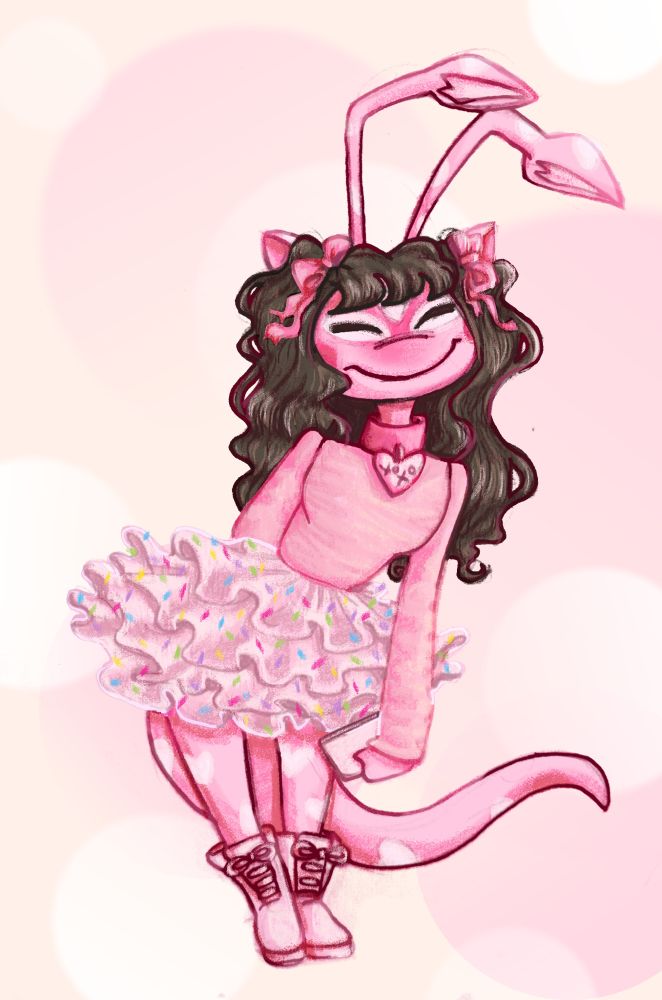 A digital drawing of a cute, sweet looking Valentine painted Aisha from neopets. She is blush pink spotted with white hearts, dressed with a pink shirt and a white tutu skirt covered in colorful sprinkles. She has dark wavy hair with two pink bows and she’s casually holding a phone.