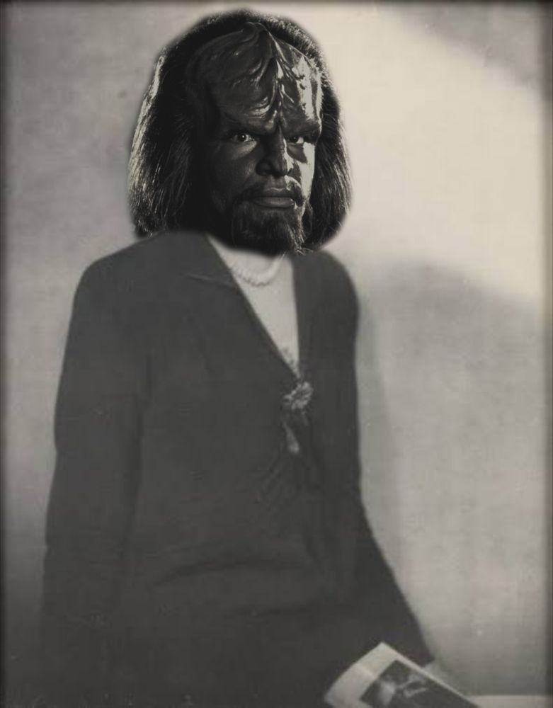Virginia Worf.
Photo of the author Virginia Woolf edited to have the Star Trek character Worf's face replacing hers.