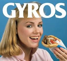 poster of a blond woman with 80s hair about to bite into some gyros