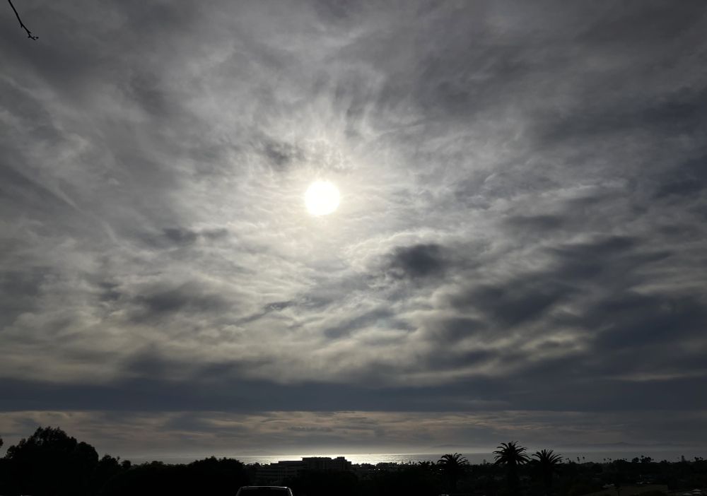 sun behind the clouds over the ocean, trees in foreground