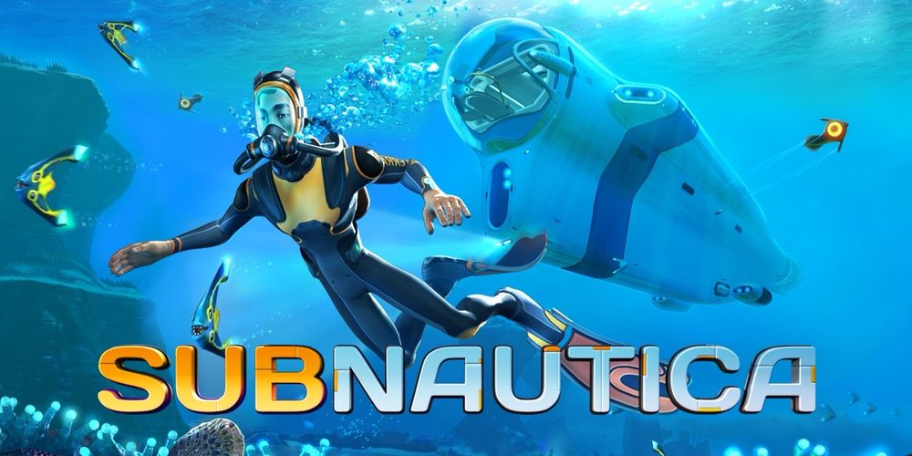 Subnautica main cover art, diver with mask swimming to the right positioned center left, large submarine in the background as well as various aquatic animals