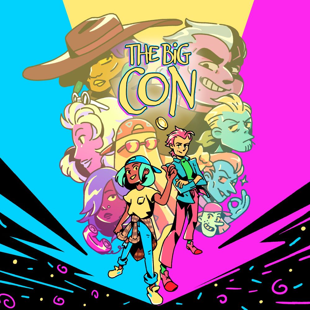 The Big Con keyart featuring Ali, Ted, and most of the main cast of characters overtop a colourful, 90s style colour block background