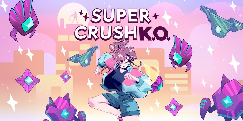 Super Crush K.O. keyart featuring Karen and several flying robots overtop a sailor-moon-esque pastel city background