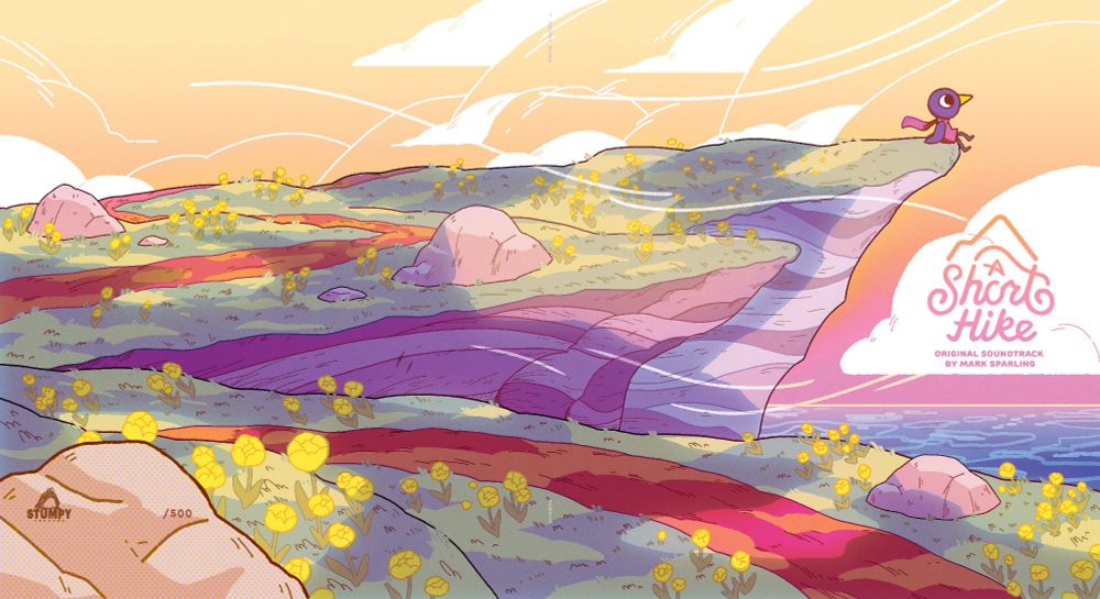 The outerfold cover art of the A Short Hike LP featuring Claire sitting on the edge of a cliff. The cliffside is covered in yellow flowers. 