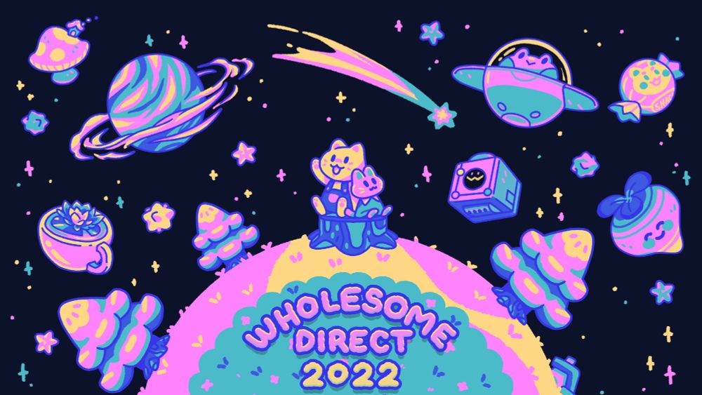 Wholesome Direct 2022 keyart. Neon objects are floating in space as two characters (two cat-like characters) sit on a stump on a planet and look at the stars. 