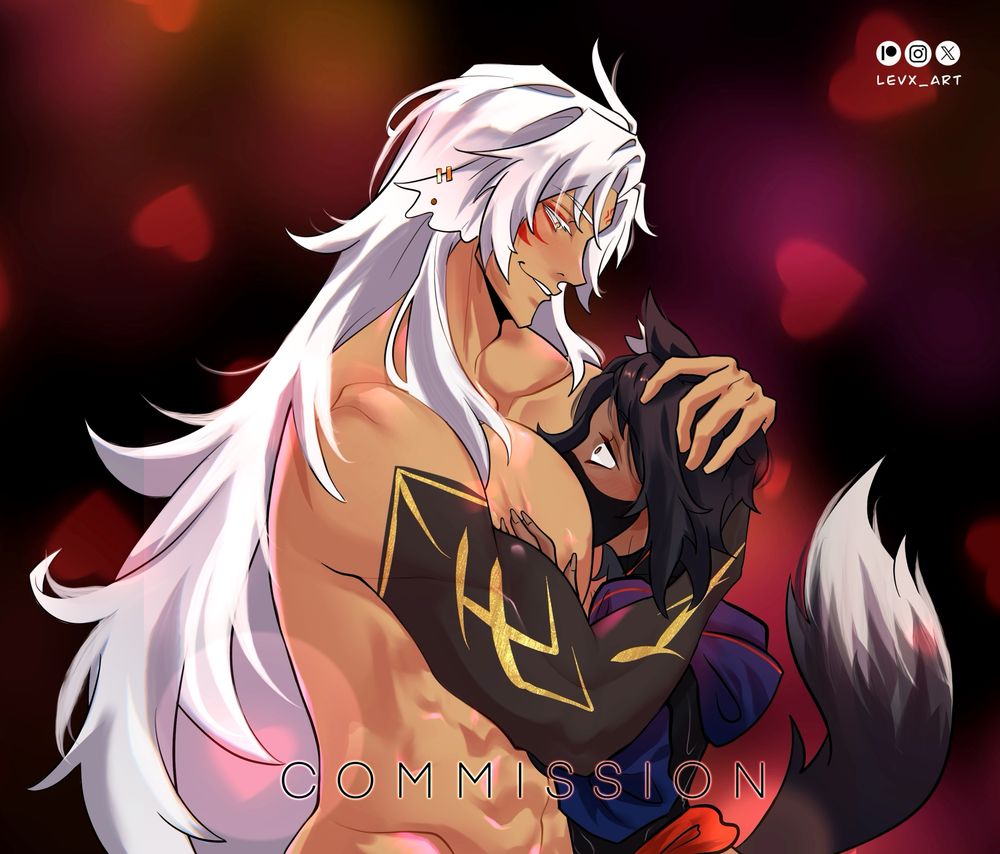 A digital illustration features two anthropomorphic characters in an intimate embrace. The taller character is a muscular male with long, flowing white hair, golden eyes with red markings, and fox-like ears. He has a confident, flirty expression as he gently holds the smaller character’s head against his chest. His right arm is adorned with black and gold tribal-like markings. The smaller character has dark, messy hair, wide, surprised eyes, and a fluffy black-and-white fox tail. They wear a dark blue outfit with red accents, and their face is partially hidden against the taller character’s chest, conveying shyness or flustered emotions. The background is a soft blur of red and purple hues with glowing heart-shaped lights, enhancing the romantic atmosphere. The word “COMMISSION” is displayed at the bottom, and the artist’s watermark, “LEVX_ART,” is in the upper right corner.