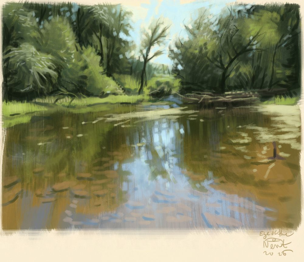 a simple digital painting of a river with green foliage and trees at its bank. there are some pebbles visible under the surface and the suface glimmers in the sunshine. there seems to be some algey on the water too and some debris and branches int he background.