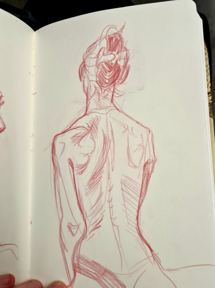 sketch drawn in redbcolored pencil on recycled printer paper showing waist up image of a thin woman from the back