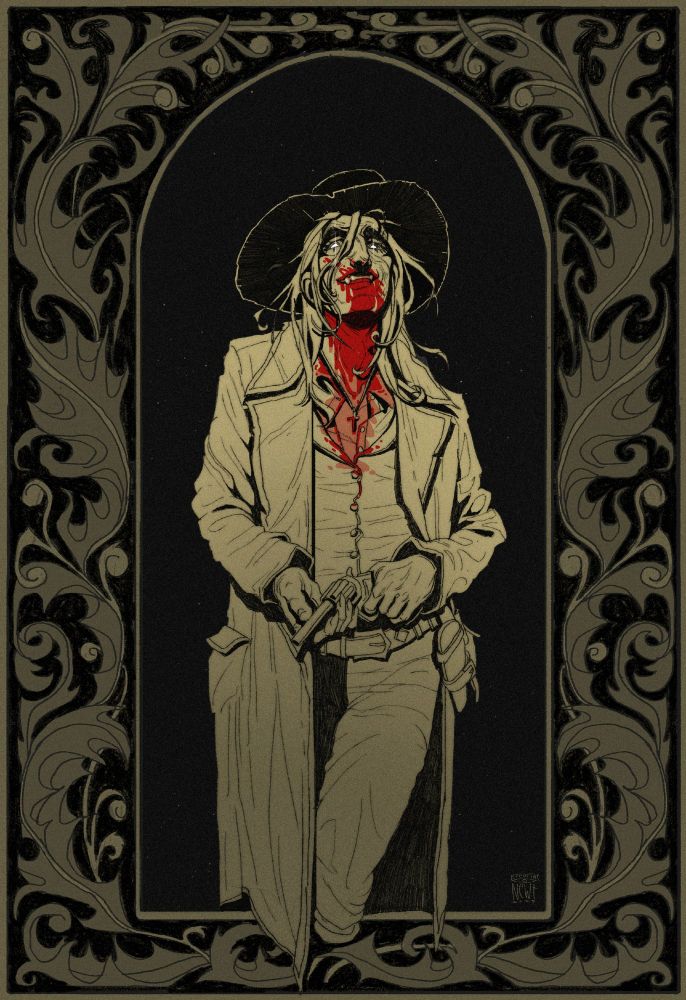 A drawing of a smirking character with a wide brimmed hat, leaning back and playing with a revolver in their hands. They're wearing a long coat, a vest, unbuttoned shirt, a cross necklace and a holster at their hip. They are lookign at the viewer with a parted toothy mouth, eyes that glint int he darkness and blood covering their whole neck and lower part of face.
Round them there is a decorative border of thistle-like leaves. The lineart is thin and scratchy, with solid black portions for shadow. and the art is in shades of yellow and black, with only the blood being in red.