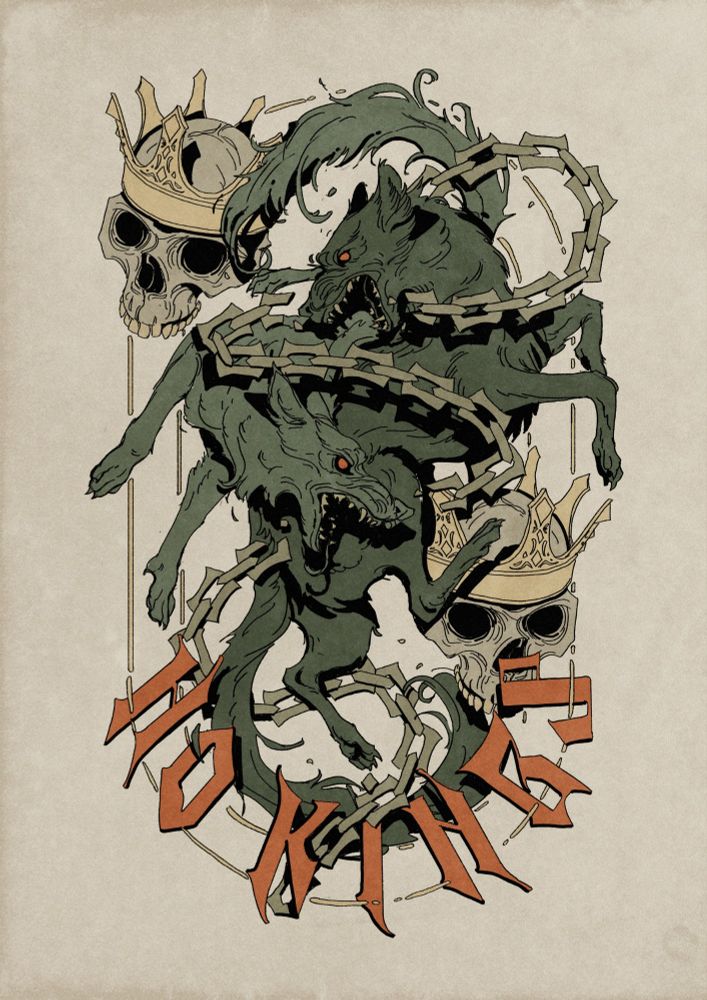 an illustration on off-white background depicting two wolves tearing apart chains with crown-wearing skulls next to them. On the bottom it says "no kings" in a spiky sort of gothic hand-drawn font.
The text is a muted orange, the wolves shades of dark green with orange eyes and the chains and skulls are in shades of cream/yellow. 