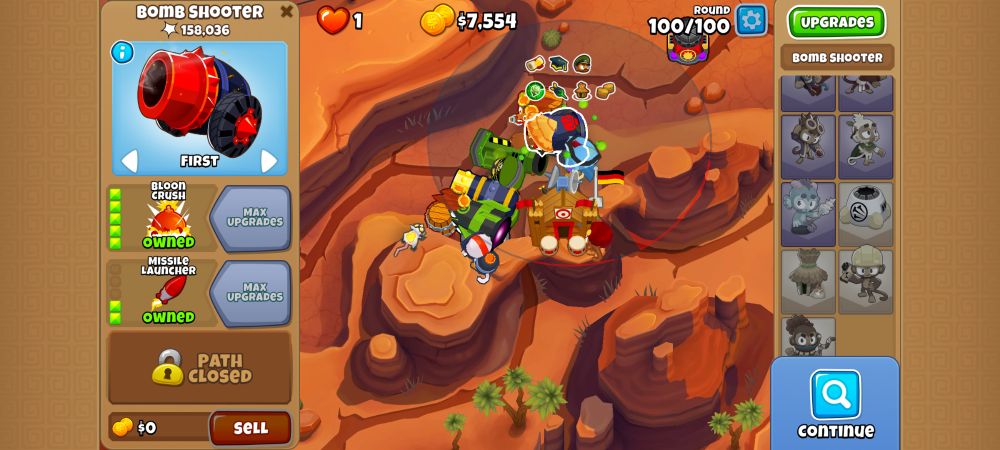 Strategy hinged on Bomb Blitz saving up for Bloon Crush. Low pop count, but stalled the entire 90s, making the round 100 BAD the only real threat.