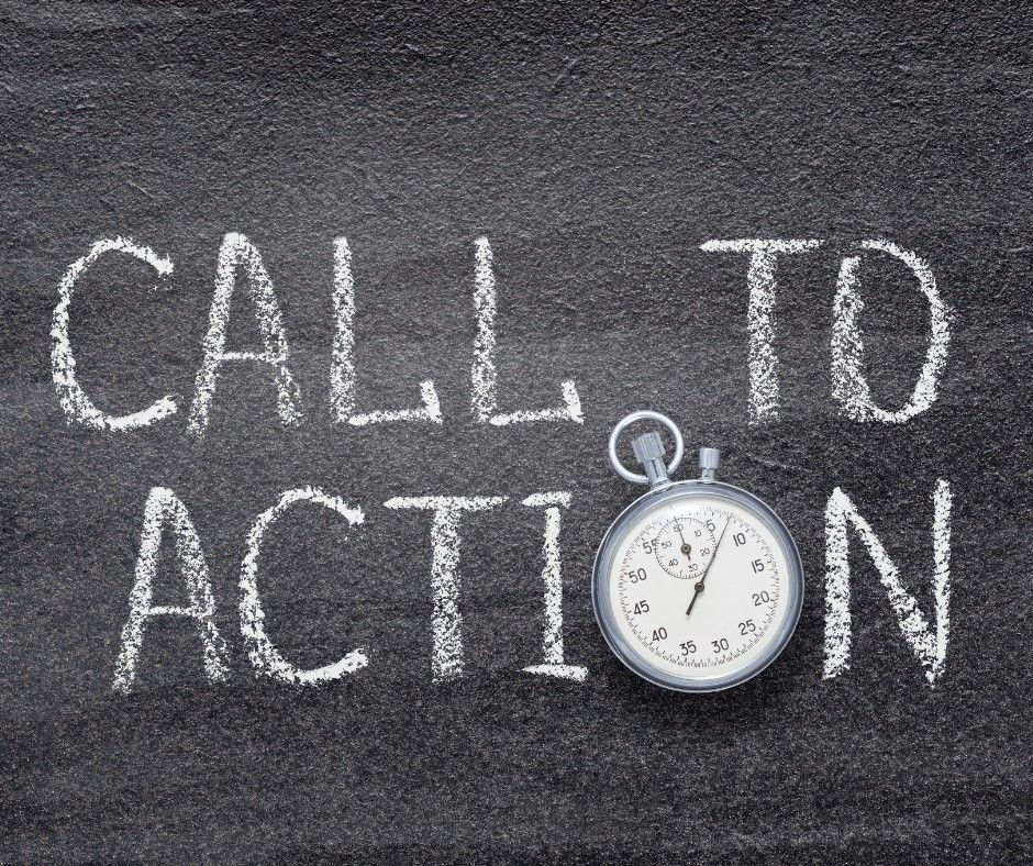 A gray chalkboard with the phrase "Call to Action" written in chalk with a small stop clock as the O in action. 