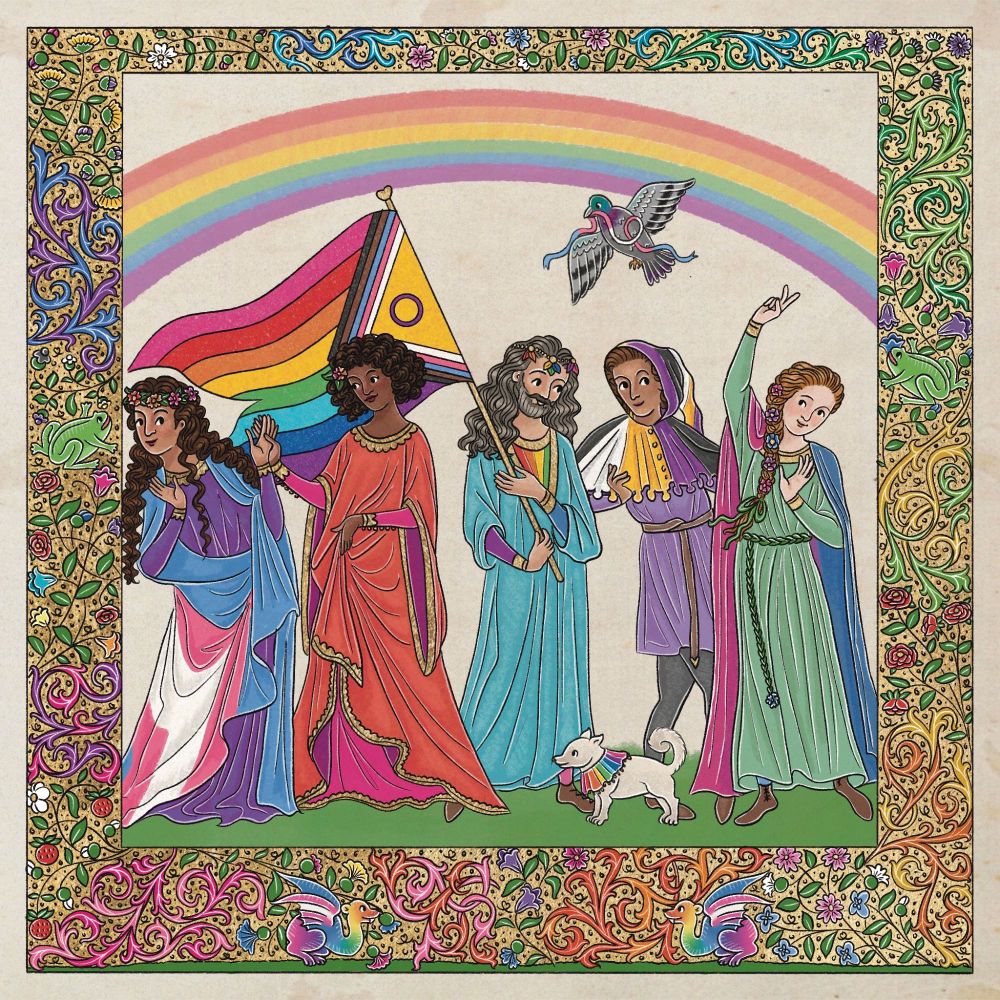 a medieval style digital drawing showing a group of people surrounded by an ornate gold border. On the left, there is a brown woman with long, curly brown hair, smiling and looking to her left with her hands thrown up. She’s wearing a purple dress with gold trim, a trans flag cloak, and a flower crown in the lesbian flag colors. She’s holding hands with a Black woman to her right, who has short, curly black hair with a flower in the lesbian flag colors tucked into it. She’s wearing an orange bliaut with purple lining and gold trim over a pink underdress. In the center, there is a tan man with long, wavy grey hair and a beard, holding up a large progress pride flag on a gold flagpole. He has a chain of gold with rainbow leaves in his hair, and he’s wearing a long teal tunic with purple and blue sleeves and a rainbow inset at the chest. Next to him is a brown nonbinary person with medium brown curly hair, smiling with one hand on their hip. They’re wearing a chaperon in the nonbinary flag colors over a purple belted tunic, grey hose, and brown boots. To their left, a woman is throwing up a peace sign, wearing a bi flag cloak and a pale green dress with a leafy belt. Her hair is braided and has flowers in the bi flag colors tucked into it. There’s a white dog on the grass in front of the people, wearing a rainbow jester collar, and there’s a pigeon flying above everyone with a trans flag ribbon in its beak. There’s a rainbow in the background. The border is filled with scrollwork and flowers in the colors of various pride flags, as well as two smiling rainbow dragons with trans pride wings facing each other at the bottom, and a smiling frog to either side.
