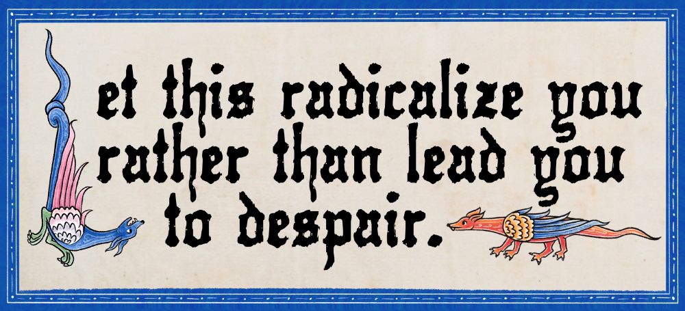 a medieval-style digital art piece. In the center, there’s text reading “Let this radicalize you rather than lead you to despair.” written in black gothic script, with a colorful blue, pink, and green dragon hanging upside down acting as the capital L. There is also a smaller red, blue, and yellow dragon as a filler at the end of the text. There’s a thin, blue and white border around the edges.