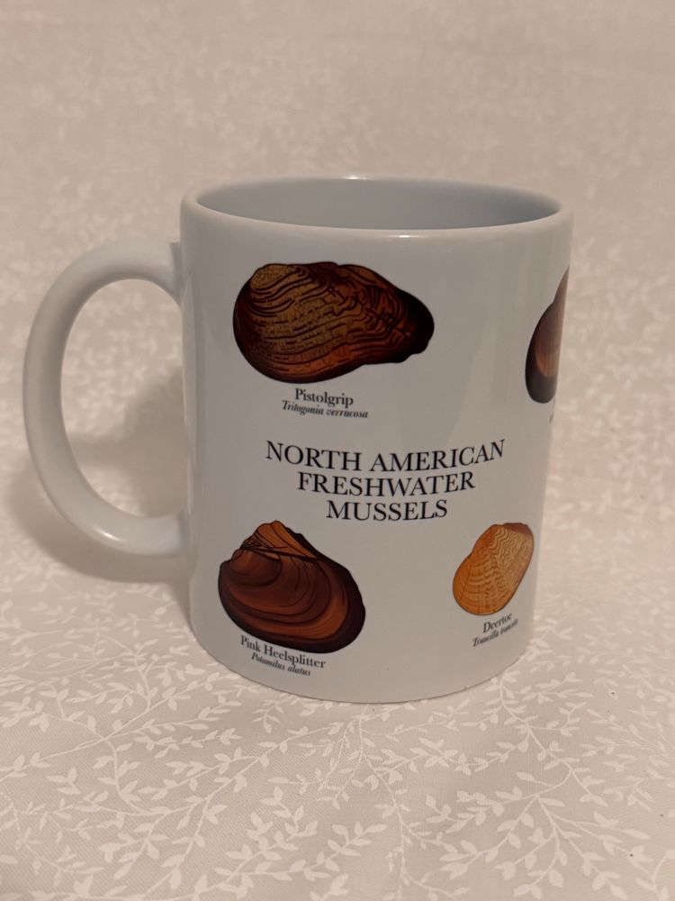 A white ceramic mug with the words North American Freshwater mussels. This side has illustrations of a pistolgrip, pink heelsplitter, and deertoe

