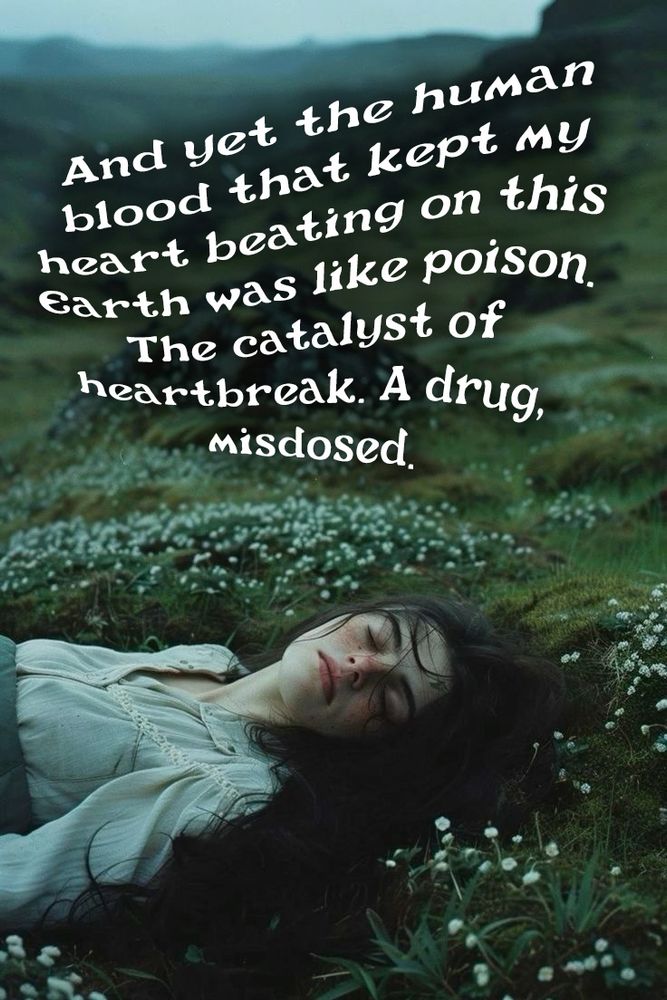 The text on the picture says "And yet the human blood that kept my heart beating on this earth was like poison. The catalyst of heartbreak. A drug, misdosed. There's a girl with her eyes closed laying in a flower field. 