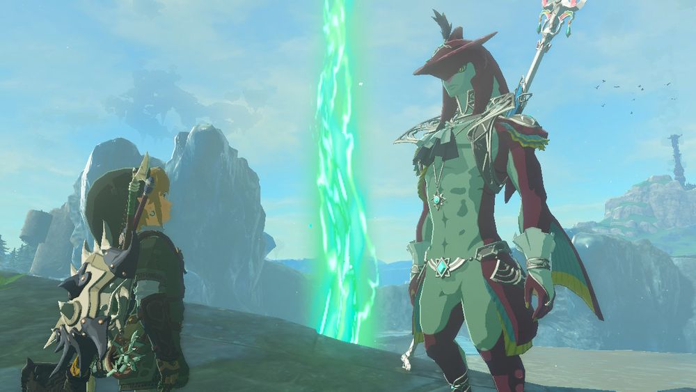 Screenshot of The Legend of Zelda: Tears of the Kingdom depicting Link and Prince Sidon.