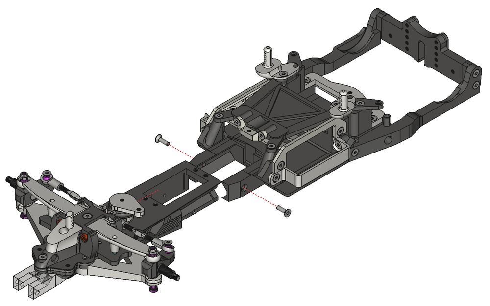 Picture of a 3D printable F1 racing car. Partly exploded view.