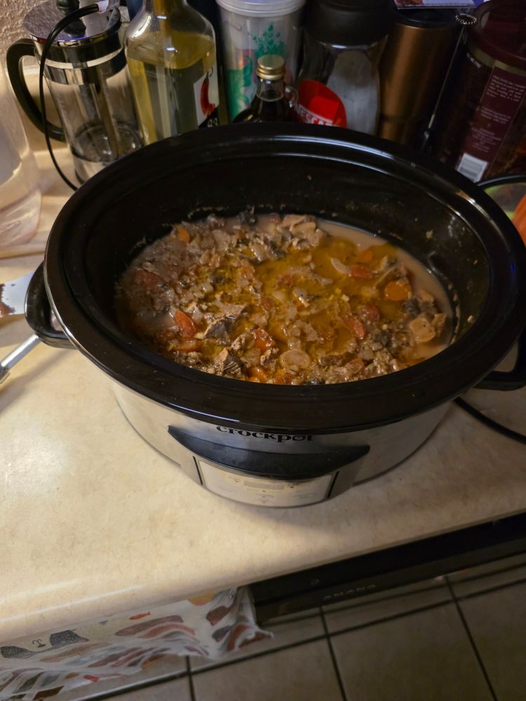 Its a nice crock pot, about 6 quarts. Its got beef chunks, wild edible mushroom blend with carrots, potatoes, onion, garlic, basil, oregano, thyme, and radishes. All cooked in a nice broth of mushroom, beef, and chicken bullion