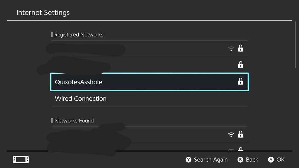 A screenshot of the Nintendo Switch available WiFi networks with the name 