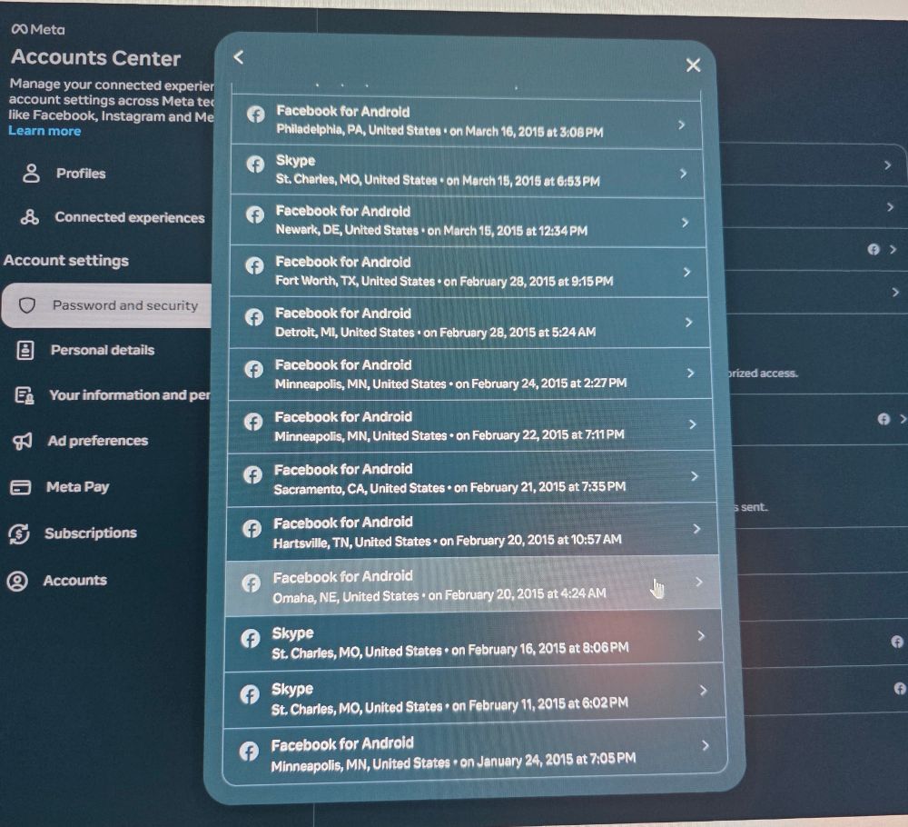 Captured screenshot showing logged on devices where I supposedly logged onto Facebook 