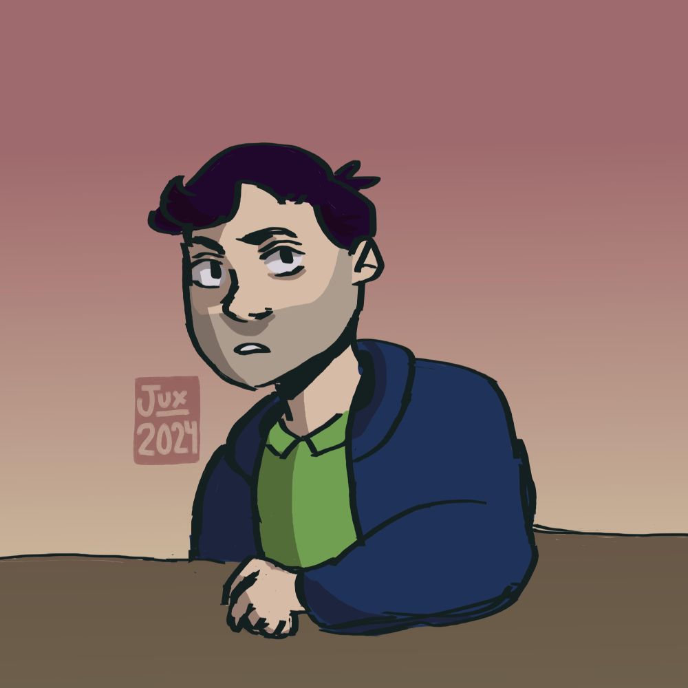 Shane from Stardew Valley sits at a table, staring at you with a mildly annoyed look.
