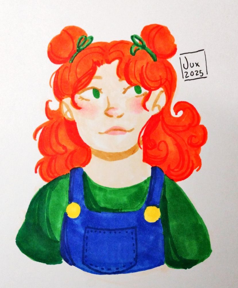 Geminitay from the bust up. She wears overalls, and smiles towards the left.