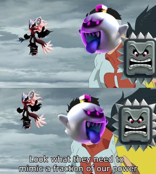 King Boo and Thwomp look at Infinite in the distance. King Boo turns to Thwomp and says, "Look what they need to mimic a fraction of our power."