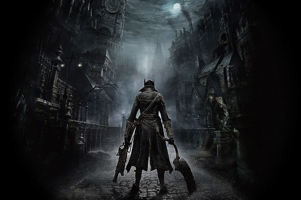 Image from the cover of FromSoftware's perfect video game, Bloodborne, of a hunter holding a gun and their trick weapon in the streets of Yharnam.