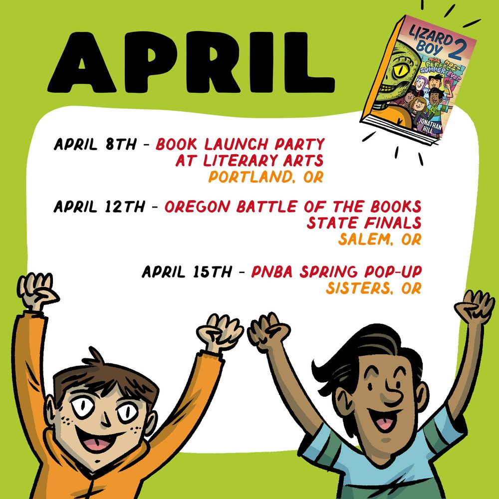 Header reads: April with dates of April events accompanied by an illustration of the characters Tommy and Greg cheering. For more information on April events, please visit: www.oneofthejohns.com