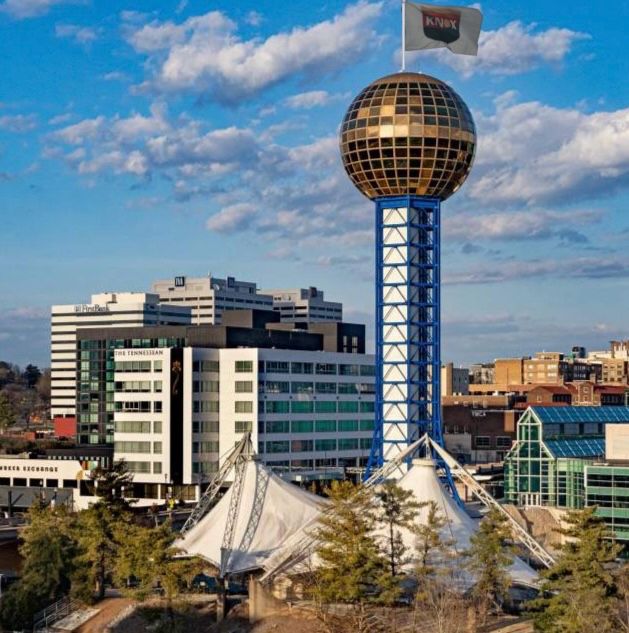 The Sunsphere in Knoxville, Tennessee with a One Knoxville flag planted on the top