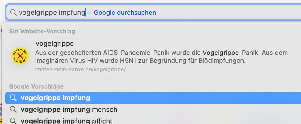 Google-Suche nach „Vogelgrippe Impfung“.
Der Siri-Website-Vorschlag ist eine Impfgegnerseite, die von „Blödimpfungen“ spricht.