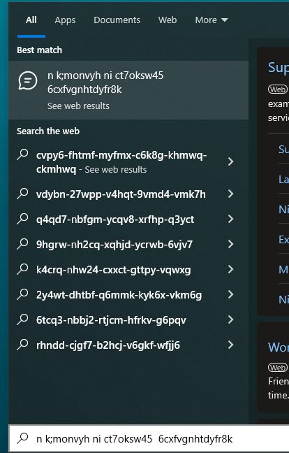 A Windows search menu showing a bunch of windows product keys as suggestions