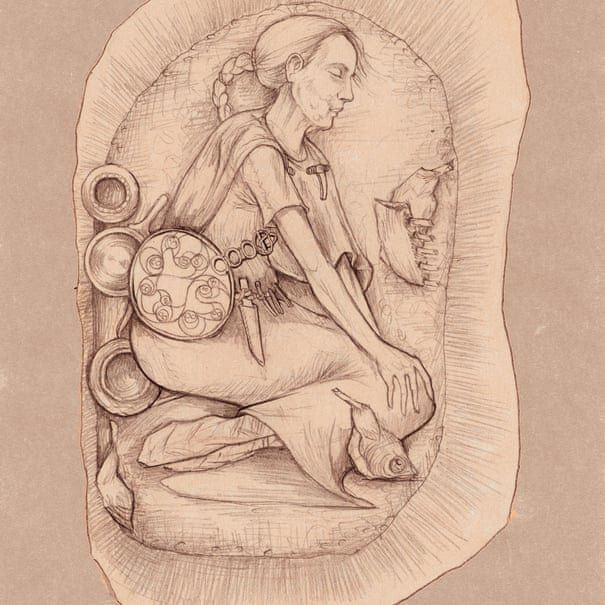 Reconstruction of an Iron Age burial showing a woman set down in a crouches position in an oval grave with a decorated mirror, a wine strainer and other finds 