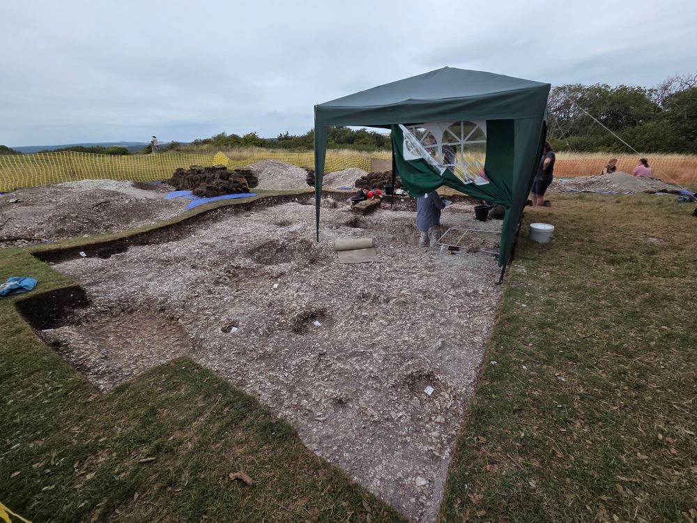 An archaeological trench cut down to chalk geology with green tent covering features being investigated 