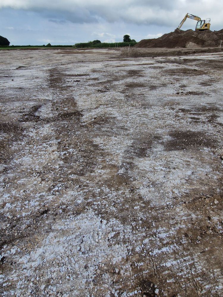 A very small linear ditch, the dark fill of which shows up clearly in comparison to the white chalk geological natural, after being freshly revealed during topsoil clearance