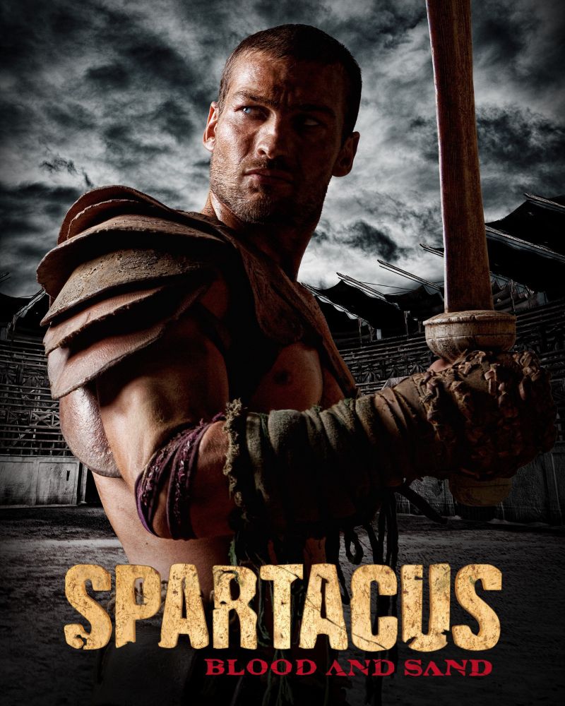 Poster for TV series Spartacus showing a half naked gladiator with sword