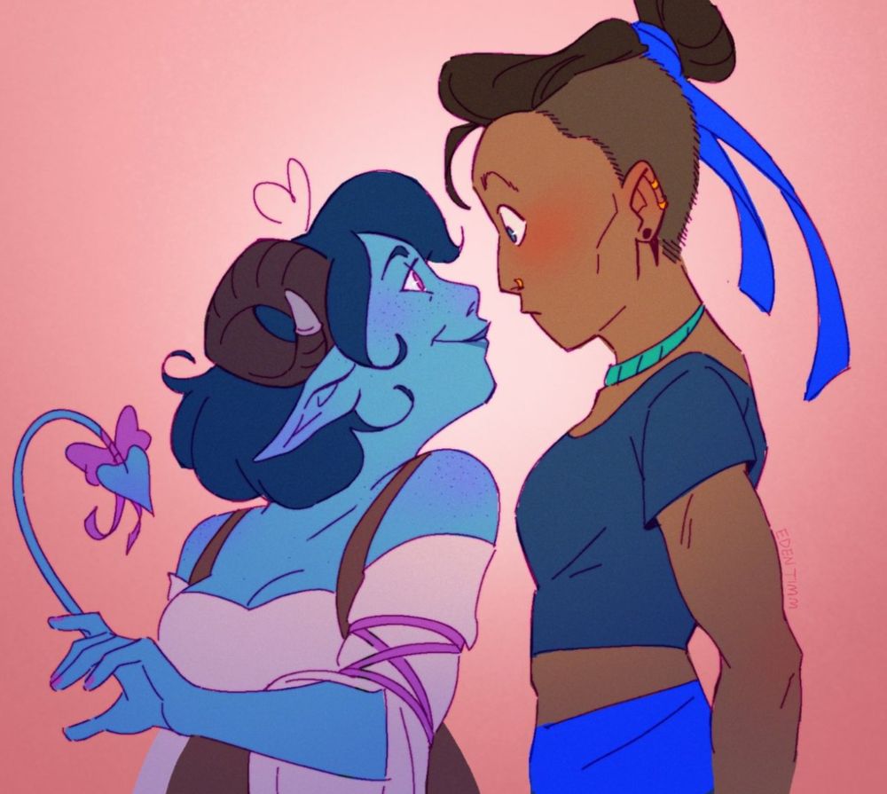 Jester looks up closely at Beau's face with a smile. Beau looks back with a blush. Jester is a blue tiefling woman in a white and brown dress with pink ribbons and a bouncy blue bob of hair, Beau is a human woman with tan skin, a top-knot bun, wearing blue monks clothes
