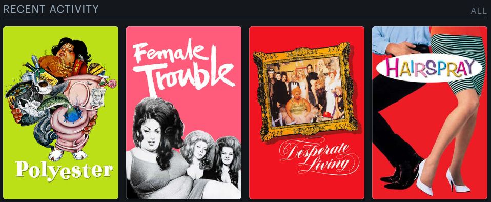 Letterboxd posters for Polyester, Female Trouble, Desperate Living and Hairspray.