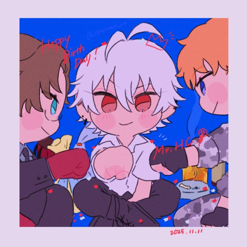 ヒプノシスマイクのヨコハマの三人が拳を突き合わせているイラスト。左馬刻の誕生日おめでとうイラストです。