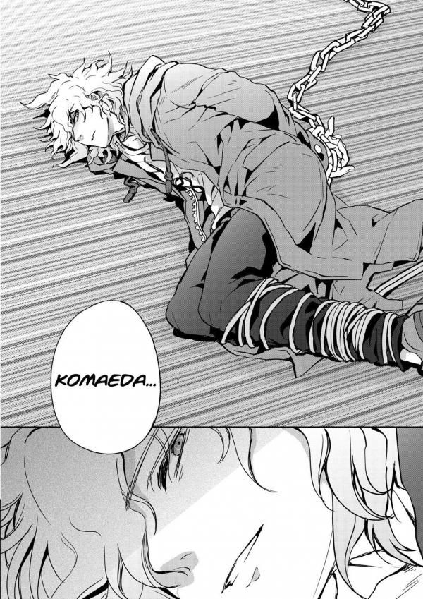 A manga illustration of Komaeda from Danganronpa 2 chained and tied to the ground, looking up with interest at the person calling his name 