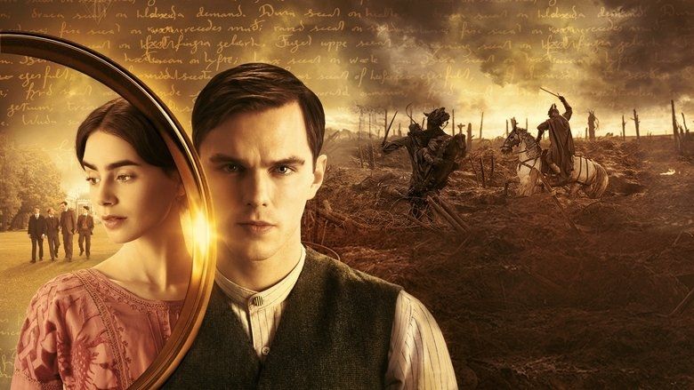 Promo image of the Tolkien movie, featuring Nicholas Hoult as Tolkien and Lily Collins as Edith, with a war scene, the TCBS, and handwritten letters in the background 