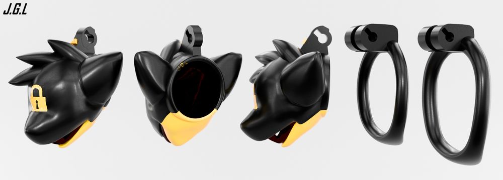 A render of a chastity cage based on Qundiums character Rubbershark. 