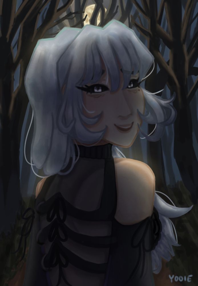 drawing of my character mena! she is looking over her shoulder at the camera and is walking in a moonlit forest.