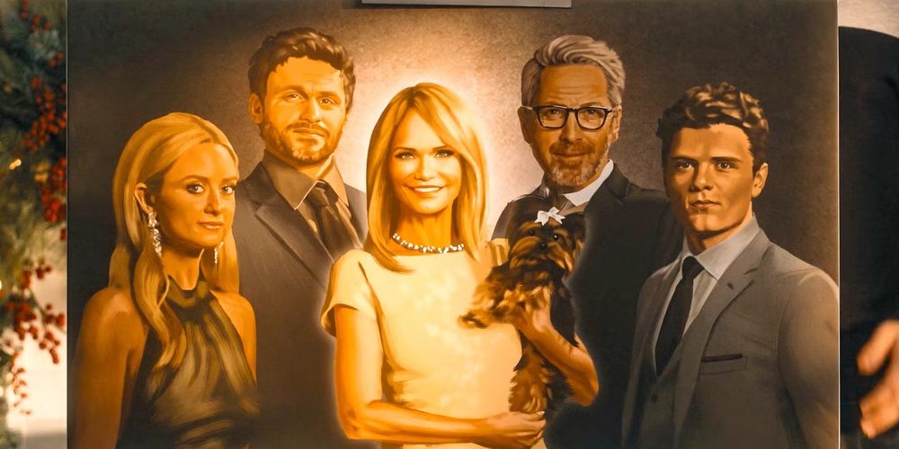 a painted family portrait of a caucasian family, with a young blonde woman with a brown halter top and earrings, a dark blond young man with short beard and mustache wearing a blue suit with a grey shirt and black tie, a blonde woman in a white, short sleeved dress glowing and holding a small black and brown dog wearing a small white bow on its head, a grey-haired man with glasses and five o clock shadow wearing a black suit with white shirt, and a brunet teenager in a grey three piece suit with light blue shirt and black tie
