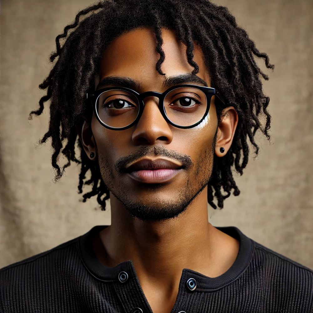 A hyper-realistic professional headshot of a Black agender person with medium brown skin and short freeform locs. They wear black rectangular glasses and a black collarless button-up Henley shirt. Their expression is calm and introspective, with soft lighting highlighting the natural texture of their skin and hair. The background is a neutral beige fabric, creating a warm, minimal studio aesthetic.